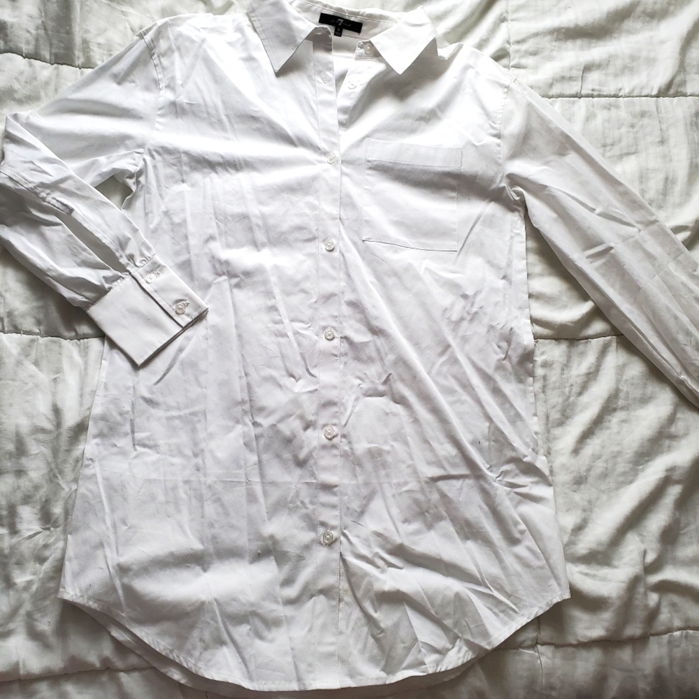 7 For All Mankind Classic Long Cotton Button Up Shirt - White